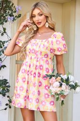 Women's Floral Print Mini Dress with Puff Sleeves & Pockets
