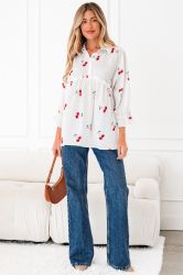 Women's Cherry Print Blouse with Collar and Long Puff Sleeves