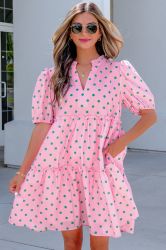 Women’s Pink Polka Dot Dress with V-Neck, Puff Sleeves and Ruffles