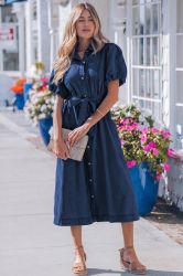Women’s Dark Blue Denim Dress with Short Puff Sleeves and Buttons
