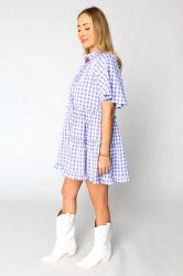 Women’s Purple and White Gingham Dress with Ruffles and Short Sleeves