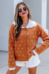 Women’s Orange Knit Cardigan with White Collar and Pattern