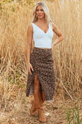 Women’s Leopard Print Midi Skirt with Front Slit