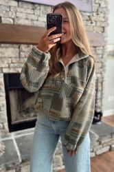 Women's Geometric Print Half-Zip Sweatshirt with High Collar