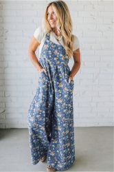 Women’s Denim Wide Leg Overalls with Floral Print