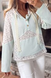 Women’s Mint Green Floral Patchwork Hooded Long Sleeve Top with Lace Details