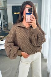 Women's Brown Waffle Textured Snap Button Collared Relaxed Fit Top
