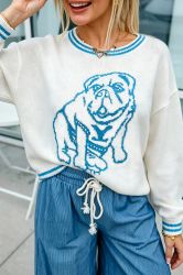 Women's White Bulldog Graphic Knit Sweater with Blue Contrast Trim