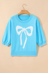 Women's Sky Blue 100% Cotton Bow Graphic Knit Sweater with Scalloped Trim