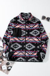 Women's Fleece Jacket with Geometric Aztec Print and Zipper