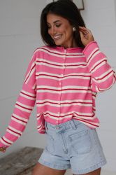 Women's Pink Striped Cardigan with Buttons