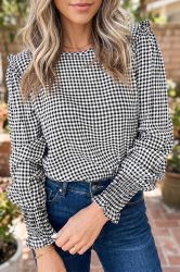 Women's Cotton Gingham Blouse with Puff Sleeves and Smocked Cuffs