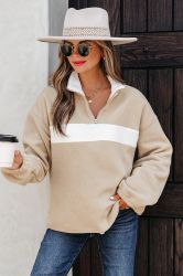 Women's Fluffy Quarter-Zip Sweatshirt with High Collar and White Contrast Panel