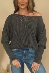 Women's Ribbed Boat Neck Top with Relaxed Sleeves