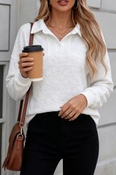Women's White Textured Floral Sweatshirt with Button Collar