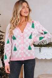 Women's Pink and White Checkered Christmas Cardigan with Christmas Trees