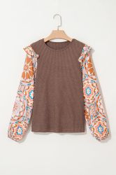 Women's Brown Textured Blouse with Colorful Printed Sleeves