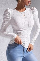 White Jacquard Textured Puff Sleeve O-Neck Top