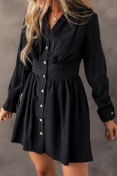 Дамска черна рокля тип риза с дълъг ръкав