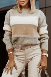 Gray Stripe Color Block Ribbed Edge Round Neck Sweater