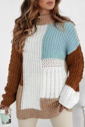 Pink Colorblock Textured Knit Bubble Sleeve Sweater