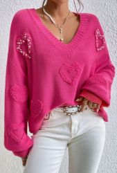 Pink Colorblock Textured Knit Bubble Sleeve Sweater