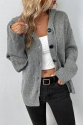 Philippine Gray Ribbed Knit Bow Front Buttoned Cardigan