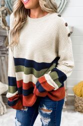 White Striped Hollowed Crochet Loose Fit Sweater