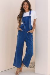 Prussian Blue Mineral Wash Knotted Strap Patched Pocket Wide Leg Denim Overalls