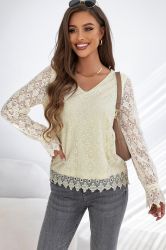 Beige Floret Lace V Neck Long Sleeve Blouse