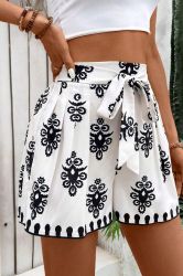 Black Tribal Geometric Print Belted High Waist Casual Shorts