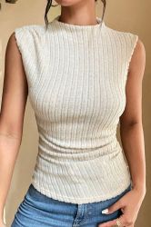 Apricot Ribbed Knit Mock Neck Tank Top