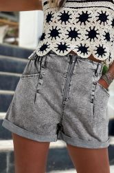 Gray Zipped Light Wash Cuffed Edge Denim Shorts