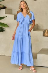 Sky Blue Textured V Neck Flutter Sleeve Ruffled Maxi Dress