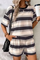 Black Stripe Short Sleeve T Shirt and High Waist Pocketed Shorts Set