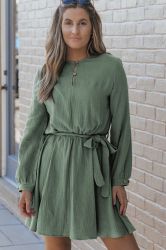 Jungle Green Button Neck Puff Sleeve Belted Pleated Mini Dress