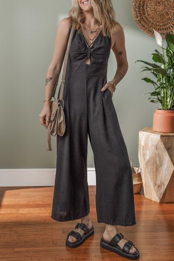 Black Front Cut Out Smocked Back Sleeveless Wide Leg Jumpsuit