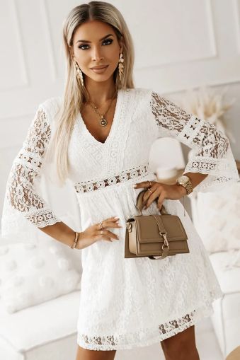 Elegant White Lace Dress with Flared Sleeves and V-Neck