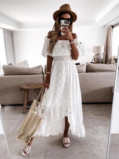 White Off-Shoulder Maxi Summer Dress with Embroidered Lace