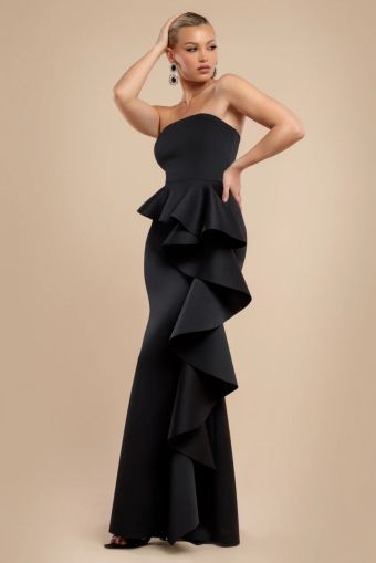 Strapless Black Evening Dress with Peplum Waterfall Ruffles