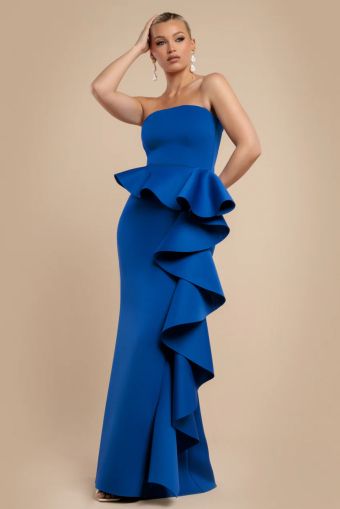 Strapless Royal Blue Evening Dress with Peplum Waterfall Ruffles