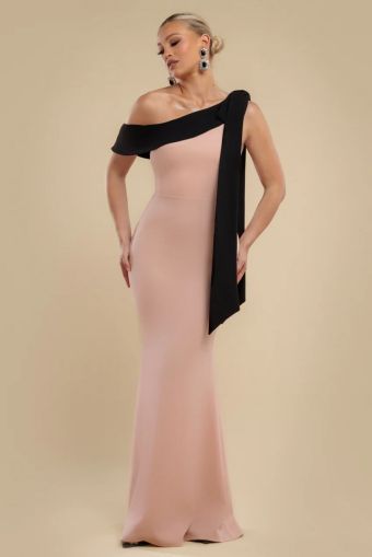 Elegant Nude and Black One-Shoulder Maxi Dress with Statement Bow