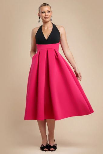 Elegant Contrast Midi Dress with Back Bow Detail