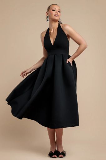 Elegant Contrast Midi Dress with Back Bow Detail