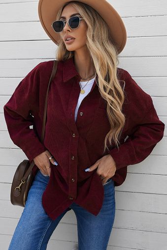 Wine Fiery Red Corduroy Button Pocket Shirt