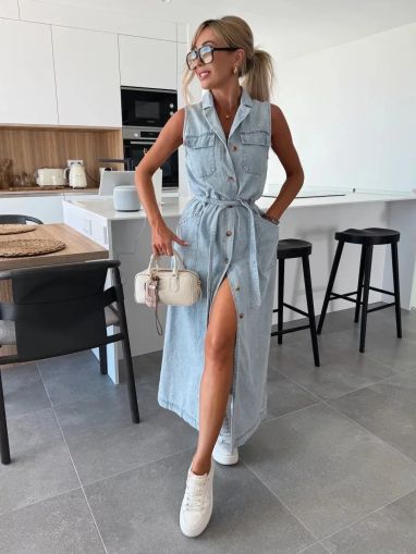 Sleeveless Long Denim Dress with Belt and Front Buttons