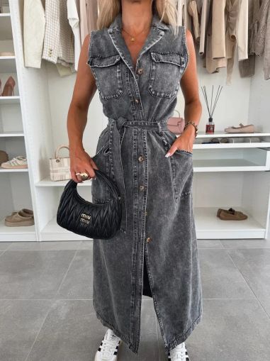 Sleeveless Long Denim Dress with Belt and Front Buttons