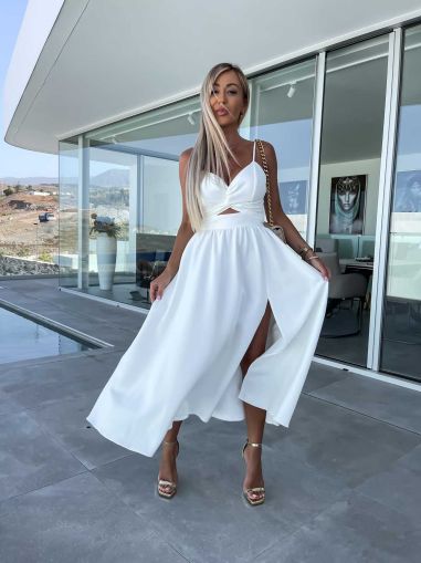 White Elegant Cutout Midi Dress with Slit