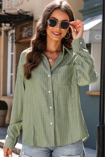 Green Stripe Button Up Oversized Casual Shirt