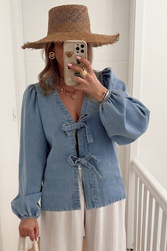 Denim Blouse with Tie Front and Relaxed Fit